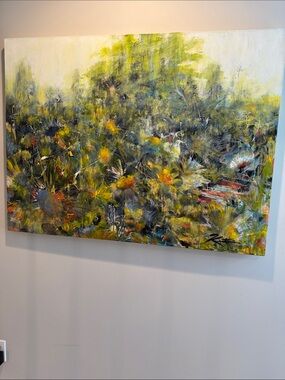 Vibrant Abstract Meadow Canvas Wall Art in Green and Yellow - original art